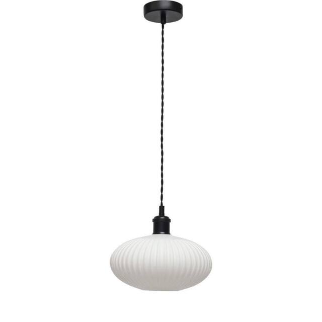 First Choice Lighting Baton - White Ribbed Oval Glass Black Retro Pendant Fitting - image 1
