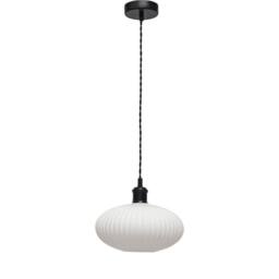 First Choice Lighting Baton - White Ribbed Oval Glass Black Retro Pendant Fitting - thumbnail 1