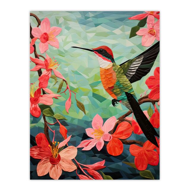 "Artery8 Wall Art Print Hummingbird & Pink Hibiscus Flowers Colourful Textile Quilt Design with Spring Blooms Poster in Green - Size: W12"" x H16""" - image 1