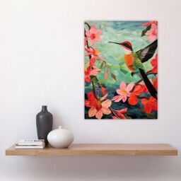 "Artery8 Wall Art Print Hummingbird & Pink Hibiscus Flowers Colourful Textile Quilt Design with Spring Blooms Poster in Green - Size: W12"" x H16""" - thumbnail 4