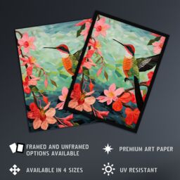 "Artery8 Wall Art Print Hummingbird & Pink Hibiscus Flowers Colourful Textile Quilt Design with Spring Blooms Poster in Green - Size: W12"" x H16""" - thumbnail 2