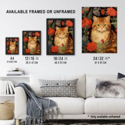 Artery8 Stylish Ginger Striped Kitten Cat Red Amidst The Flowers Floral Design Illustration Extra Large XL Unframed Wall Art Poster Print - thumbnail 3