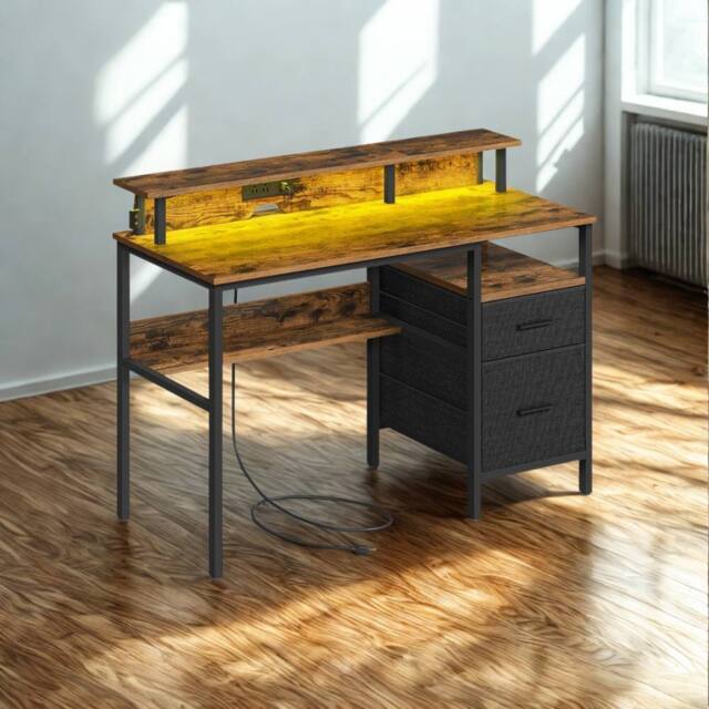 Pirlo Plush Industrial 120CM Computer Desk With USB Outlets & LED Lights in Brown - image 1