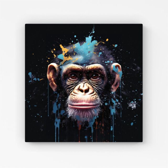 "Warren Reed - Designer Monkey Face Splashart with Blue Canvas - Size: W30"" x H30""" - image 1