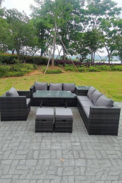 Fimous 7 Seater Grey Rattan Corner Sofa Set 2 Table Armchair Footstool Garden Furniture Outdoor in Dark Grey - image 1