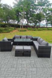 Fimous 7 Seater Grey Rattan Corner Sofa Set 2 Table Armchair Footstool Garden Furniture Outdoor in Dark Grey - thumbnail 3