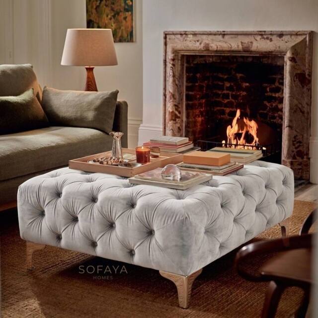 Sofaya Monaco Chesterfield Velvet Foot Stool, Deep Buttoned Coffee Table in Light Grey - Size: 100 cm x 80 cm - image 1