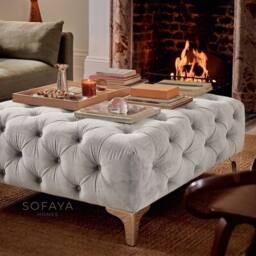 Sofaya Monaco Chesterfield Velvet Foot Stool, Deep Buttoned Coffee Table in Light Grey - Size: 100 cm x 80 cm - thumbnail 2