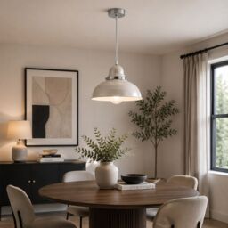 Orsina Blue Bowl Shaped Pendant Light, Nordic Style Ceiling Light with Chrome Detail, Smooth Metal Shade in Grey - thumbnail 2