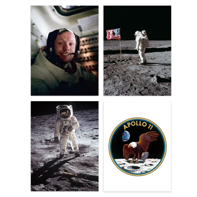 Artery8 Wall Art Print Pack of 4 NASA Space Apollo 11 Mission Emblem Moon Landing 50th Anniversary Astronaut Neil Armstrong Buzz Aldrin Living Room s - image 1