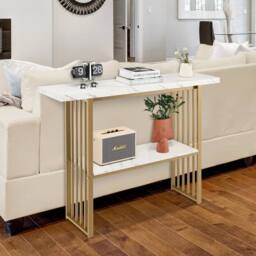 SPETLEK 2-tier Console Table White Faux Marble Sofa Table Contemporary - Size: 0.6m2 - thumbnail 3