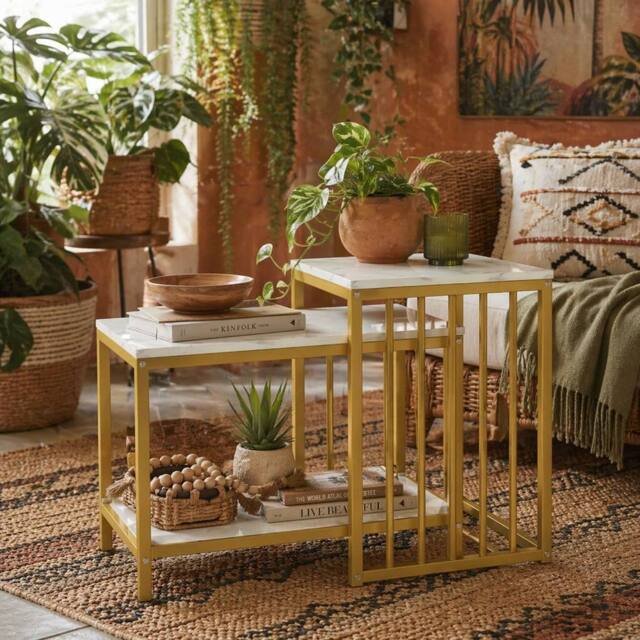 Wyld Haus Rolana Nesting Tables Set of 2 Marble Effect Tops Gold Tone Metal in White - image 1