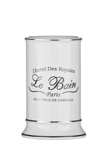Orsina White Ceramic Bathroom Tumbler, Small Tumbler With Black Lettering, Modern Black Bathroom Tumbler For Vanity - image 1