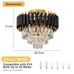 Harper Living Crystal Ceiling Light, Chandelier with 3 Tiers Crystals, Black & Gold - thumbnail 7