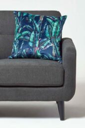 Homescapes Navy Tropical Banana Leaf Velvet Cushion 46 x 46 cm in Teal - thumbnail 3