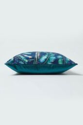 Homescapes Navy Tropical Banana Leaf Velvet Cushion 46 x 46 cm in Teal - thumbnail 4