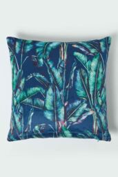 Homescapes Navy Tropical Banana Leaf Velvet Cushion 46 x 46 cm in Teal