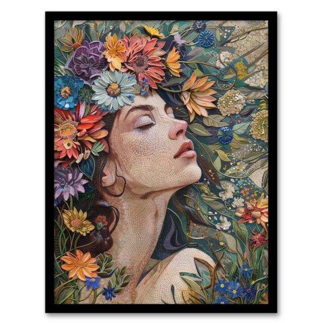 Artery8 Wall Art Print Woman Boho Portrait in Spring Flowers Mosaic Art Framed Poster in Black - Size: A4 - image 1