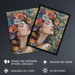 Artery8 Wall Art Print Woman Boho Portrait in Spring Flowers Mosaic Art Framed Poster in Black - Size: A4 - thumbnail 2