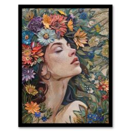 Artery8 Wall Art Print Woman Boho Portrait in Spring Flowers Mosaic Art Framed Poster in Black - Size: A4 - thumbnail 1