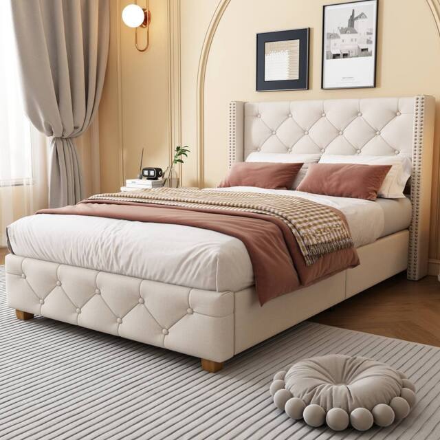 Matteo Beige Linen Upholstered Single Bed with Button Tufted Headboard - image 1