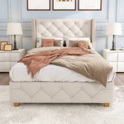 Matteo Beige Linen Upholstered Single Bed with Button Tufted Headboard - thumbnail 6