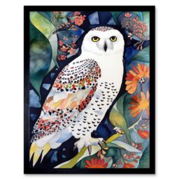 "Artery8 Wall Art Print Snowy Owl On Blooming Tree Folk Art Framed in Black - Size: W12"" x H16""" - thumbnail 1