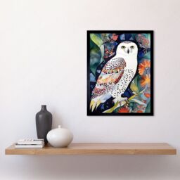 "Artery8 Wall Art Print Snowy Owl On Blooming Tree Folk Art Framed in Black - Size: W12"" x H16""" - thumbnail 2