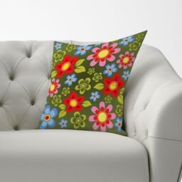 Warren Reed - Designer Red & Blue Flowers Cushions in Green - Size: 45 cm x 45 cm - thumbnail 3