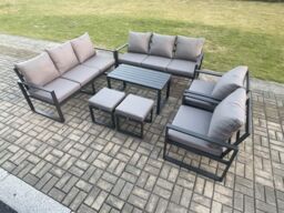Fimous Aluminium Outdoor Garden Furniture Lounge Sofa 2 PC Chairs Oblong Coffee Table Sets with 2 Small Footstool Dark Grey - thumbnail 2