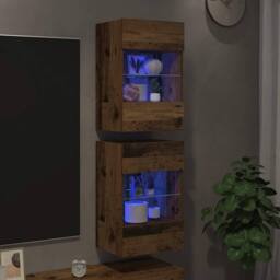 Berkfield Home TV Wall Cabinets with LED Lights 2 pcs Old Wood 40x30x60, 5 cm in Brown - thumbnail 1
