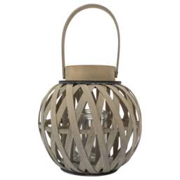JVL Luna Natural Round Wood Lantern with Handle - Antique Washed Finish in Light Brown