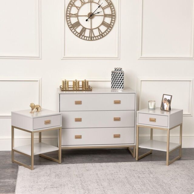 Melody Maison Large 3 Drawer Chest Of Drawers & Pair Of Bedside Tables - Elle Stone Range in Light Grey - image 1