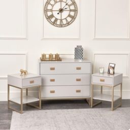 Melody Maison Large 3 Drawer Chest Of Drawers & Pair Of Bedside Tables - Elle Stone Range in Light Grey - thumbnail 1