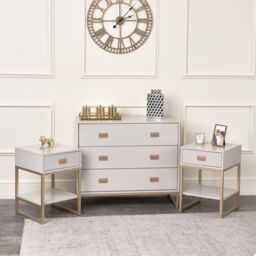 Melody Maison Large 3 Drawer Chest Of Drawers & Pair Of Bedside Tables - Elle Stone Range in Light Grey - thumbnail 2