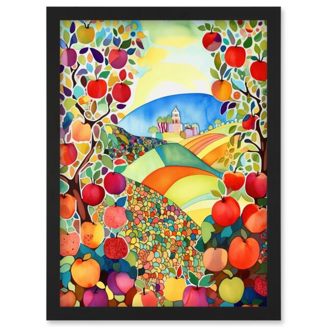 Artery8 Apple Tree Orchard Fields In Summer Folk Art Landscape Watercolour Painting Artwork Framed Wall Art Print A4 in Black - image 1