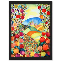Artery8 Apple Tree Orchard Fields In Summer Folk Art Landscape Watercolour Painting Artwork Framed Wall Art Print A4 in Black - thumbnail 1