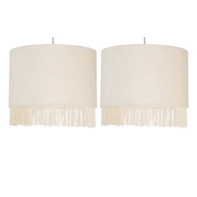 First Choice Lighting Set of 2 Fringed - Off-White 23cm Fringed Velvet Pendant Shades - image 1