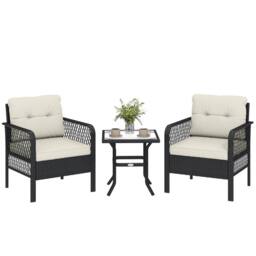 OUTSUNNY 3 Pieces Rattan Bistro Set with Tempered Glass Table Cream - thumbnail 2
