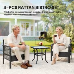 OUTSUNNY 3 Pieces Rattan Bistro Set with Tempered Glass Table Cream - thumbnail 4