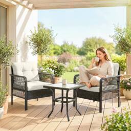 OUTSUNNY 3 Pieces Rattan Bistro Set with Tempered Glass Table Cream - thumbnail 1