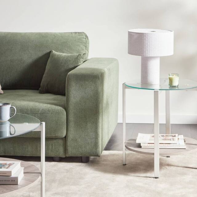 Wyld and Coco 50cm Round Side Table Chromed Metal Tempered Glass Top Light Wood in Silver - image 1