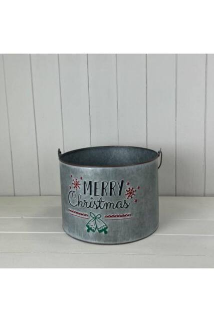 KDMD Festive Metal Bucket Merry Christmas with Over Handle - 18mm in Grey - image 1