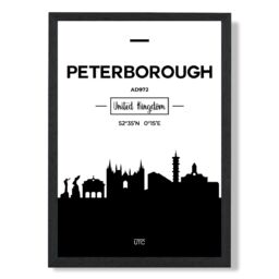 ARTZE Peterborough Black & White City Skyline Framed Print SIZE: A4 with Black Frame - thumbnail 1