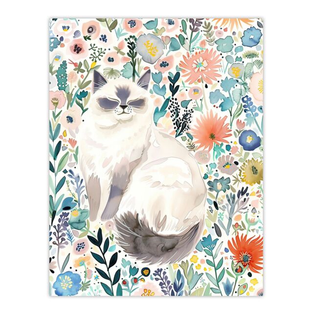 "Artery8 Ragdoll Cat Lover Pet & Watercolour Wildflowers Wall Art Print - Size: W18"" x H24""" - image 1