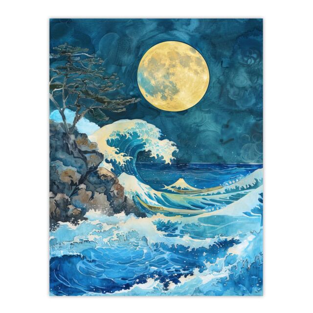 "Artery8 Great Wave Seascape Under a Full Moon Watercolour Wall Art Print in Blue - Size: W24"" x H32""" - image 1