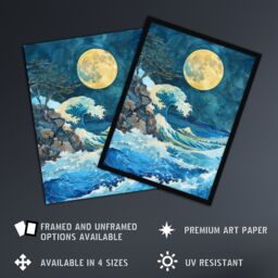 "Artery8 Great Wave Seascape Under a Full Moon Watercolour Wall Art Print in Blue - Size: W24"" x H32""" - thumbnail 2
