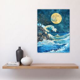 "Artery8 Great Wave Seascape Under a Full Moon Watercolour Wall Art Print in Blue - Size: W24"" x H32""" - thumbnail 4