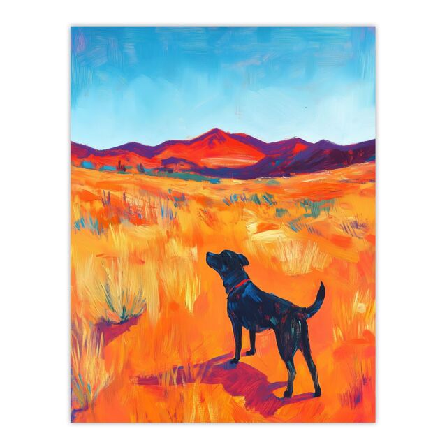 "Artery8 Black Labrador in Countryside Landscape Dog Lover Wall Art Print in Orange - Size: W18"" x H24""" - image 1