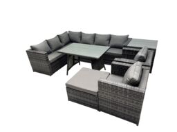 Fimous 9-seater Outdoor PE Rattan Sofa Set with with 2 Chair Stool Side Table in Dark Grey - thumbnail 2